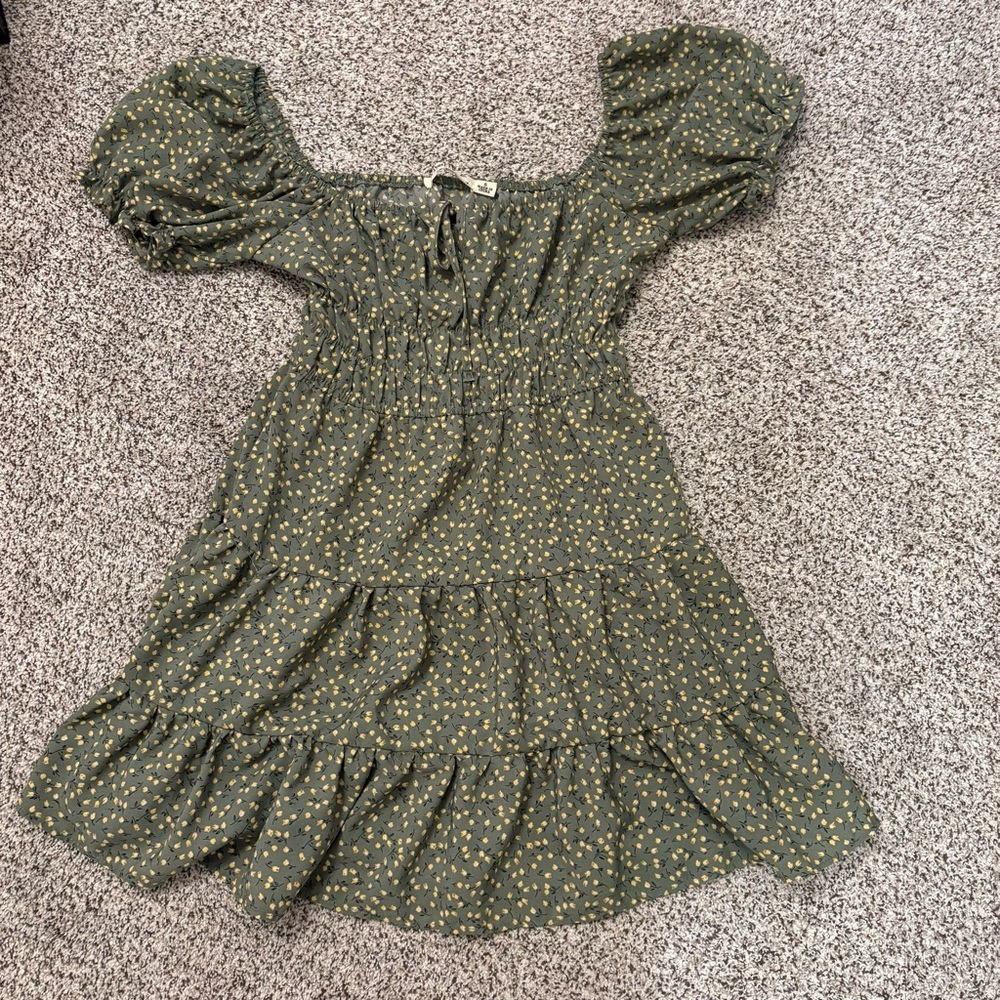 LIBERTY LOVE SAGE GREEN FLORAL PEASANT MINI DRESS SHORT SLEEVE